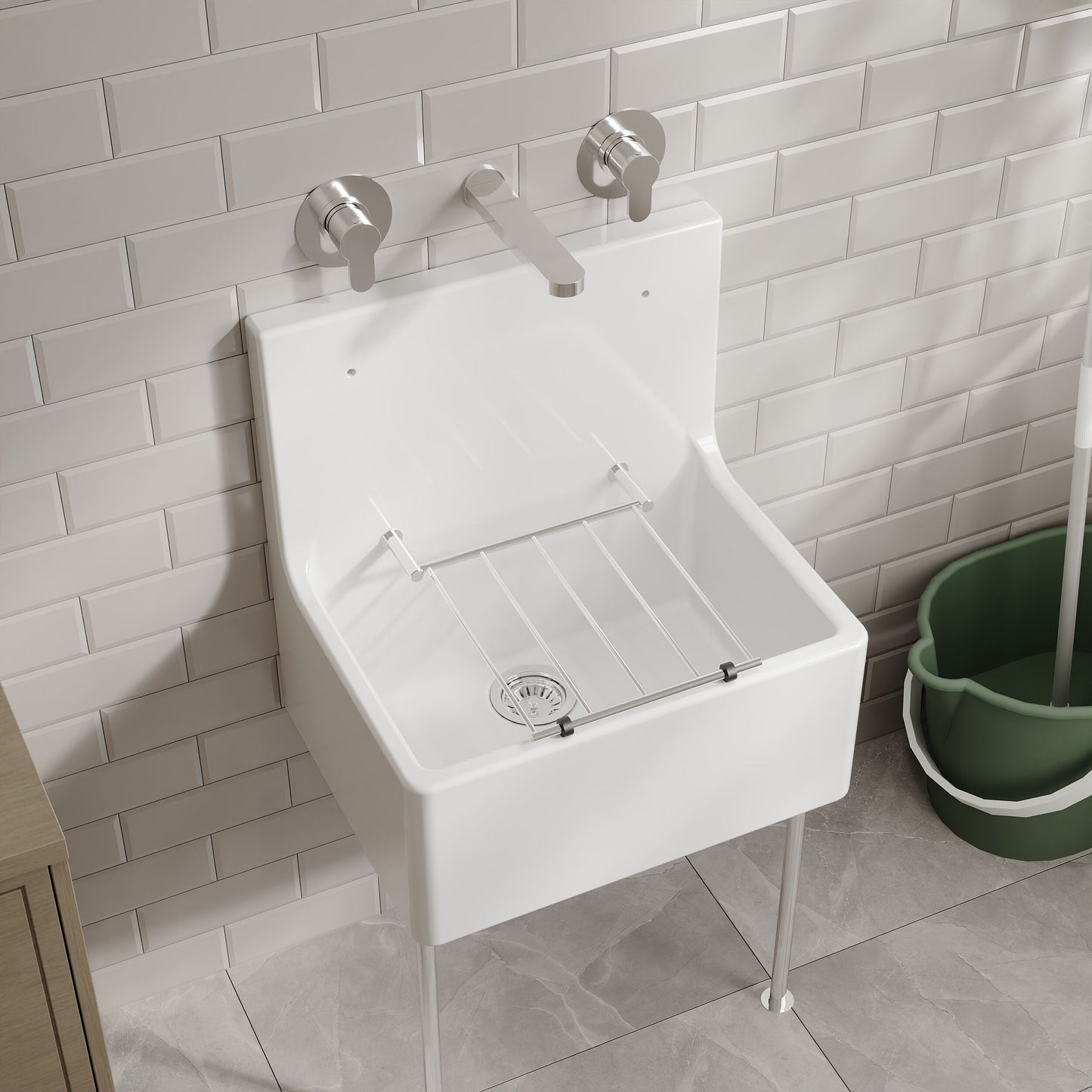 Nuie Single Bowl 515 x 535 x 393mm Fireclay White Cleaner Sink With Legs, Bracket and Backsplash