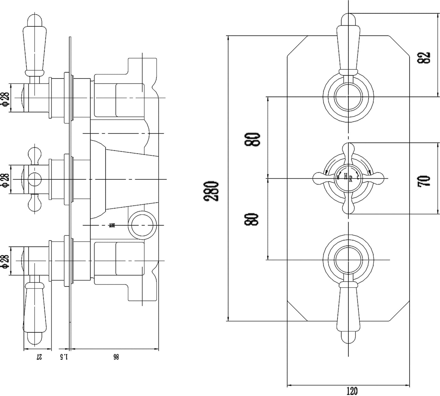 Victrion Two Outlet Triple Thermostatic Concealed Valve