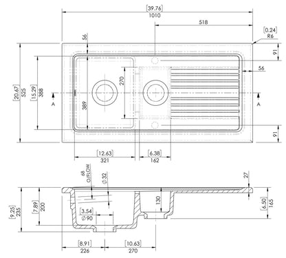 Nuie 1.5 Bowl 1010 x 525mm Fireclay White Rectangular Countertop Sink