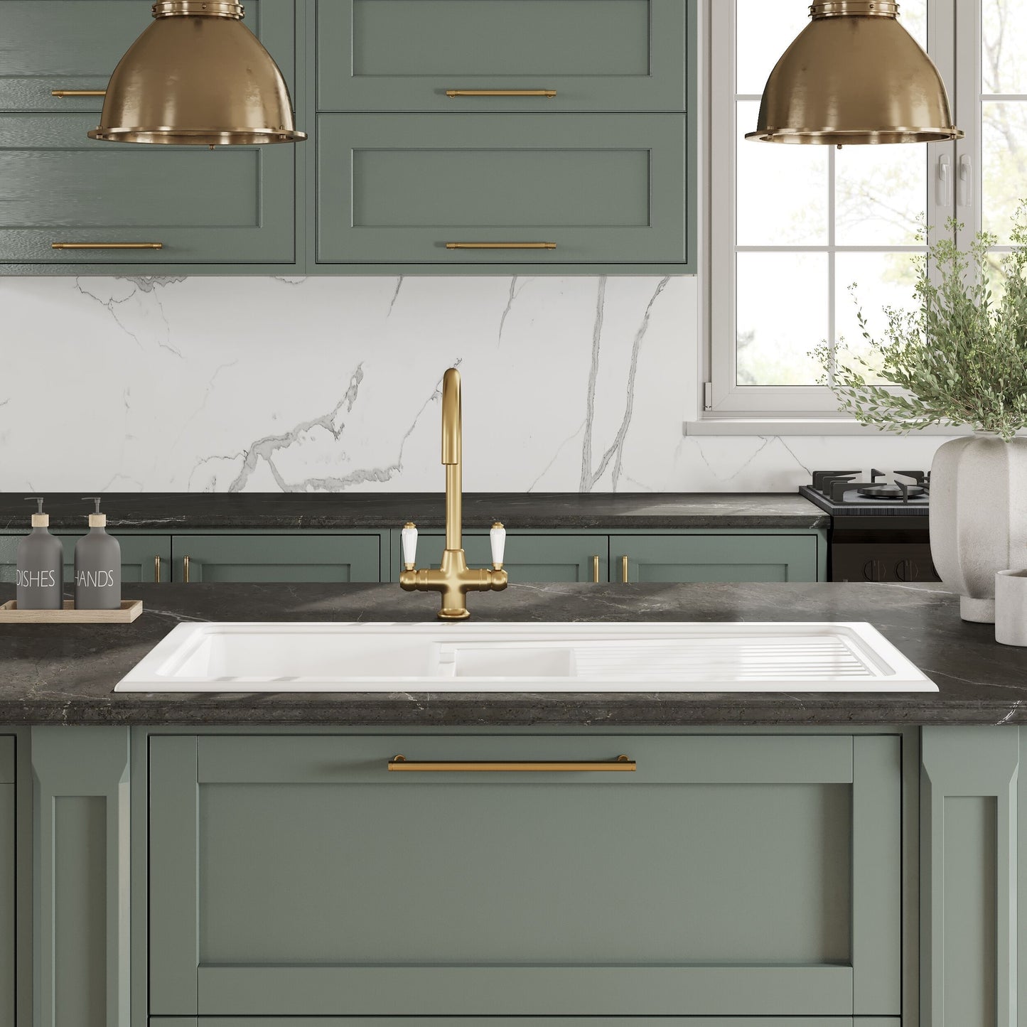 Nuie 1.5 Bowl 1010 x 525mm Fireclay White Rectangular Countertop Sink