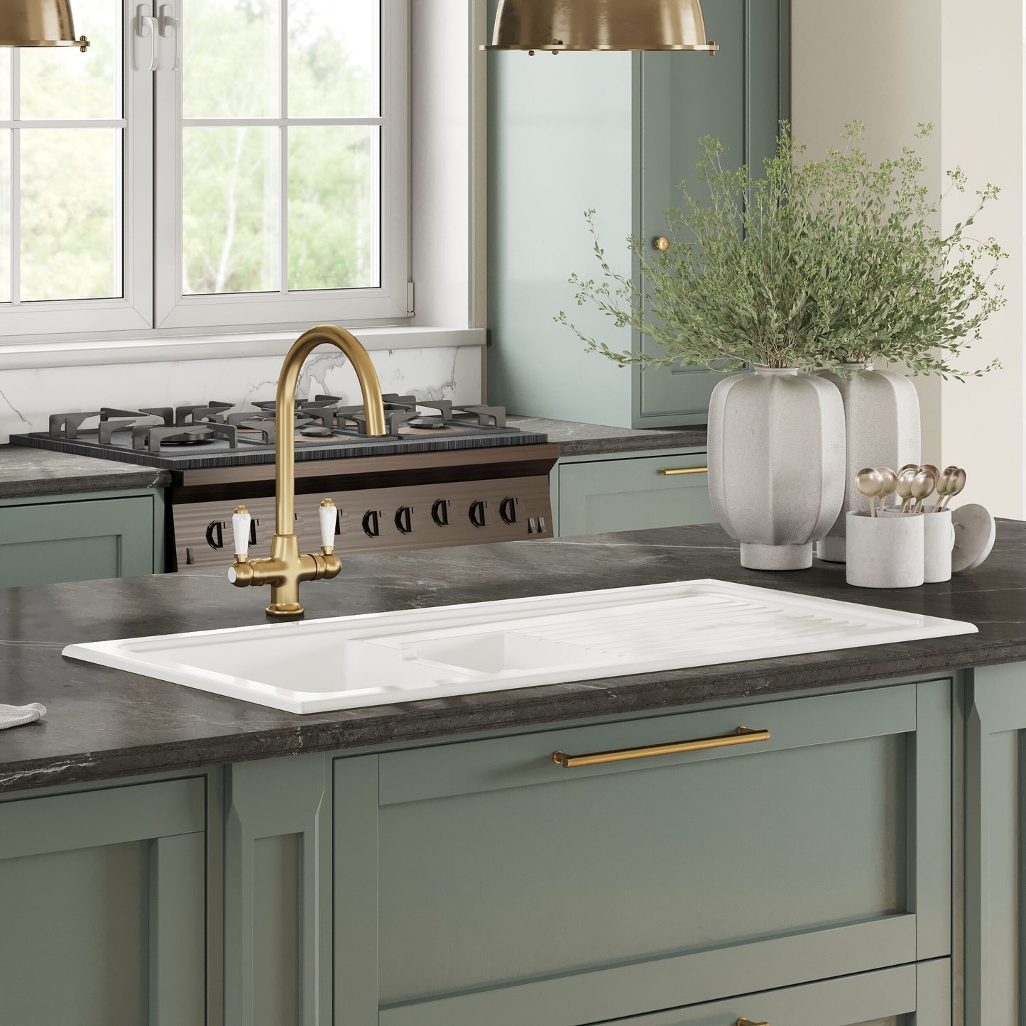 Nuie 1.5 Bowl 1010 x 525mm Fireclay White Rectangular Countertop Sink