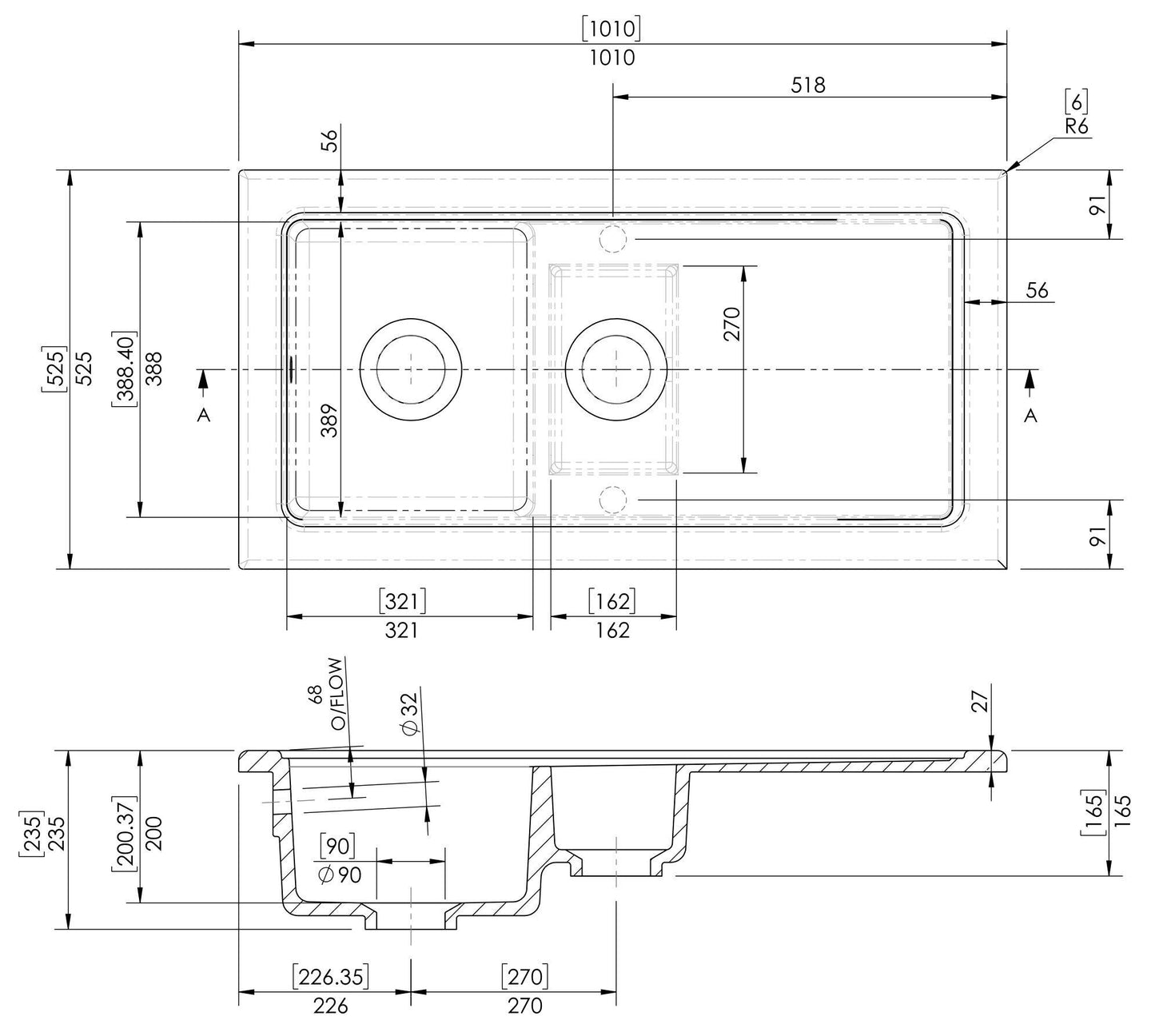 Nuie 1.5 Bowl 1010 x 525mm White Rectangular Countertop Sink