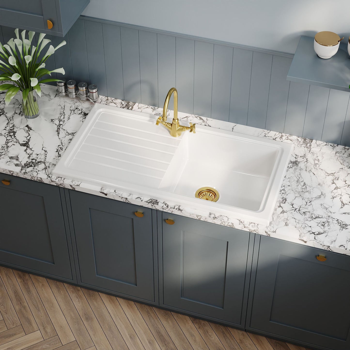 Nuie Single Bowl 1010 x 525mm Fireclay White Rectangular Countertop Sink