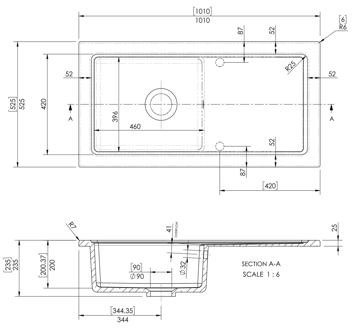 Nuie Single Bowl 1010 x 525mm Fireclay Soft Black Rectangular Countertop Sink