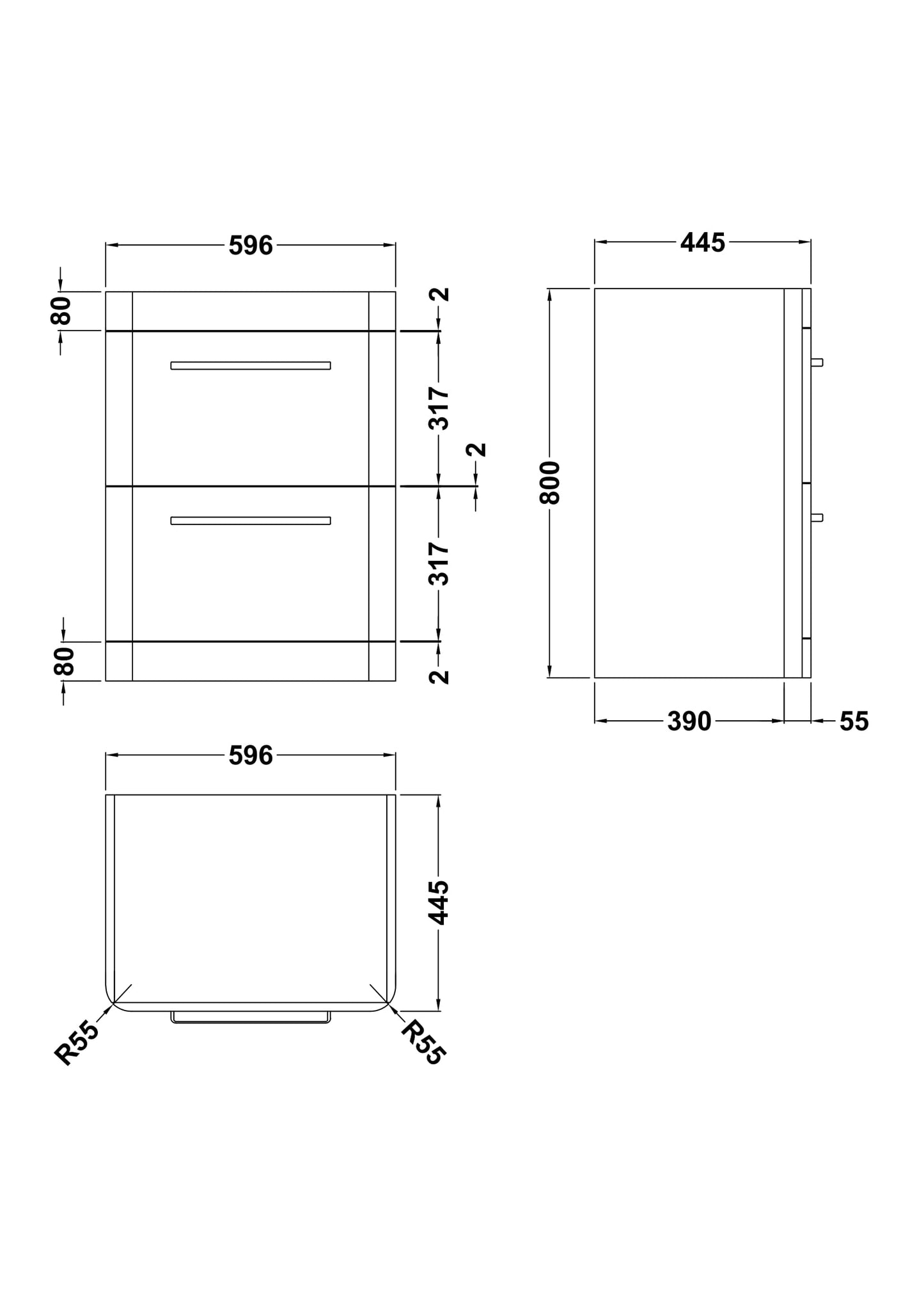 Solar Floor Standing 2 Drawer Vanity Cabinet 600mm