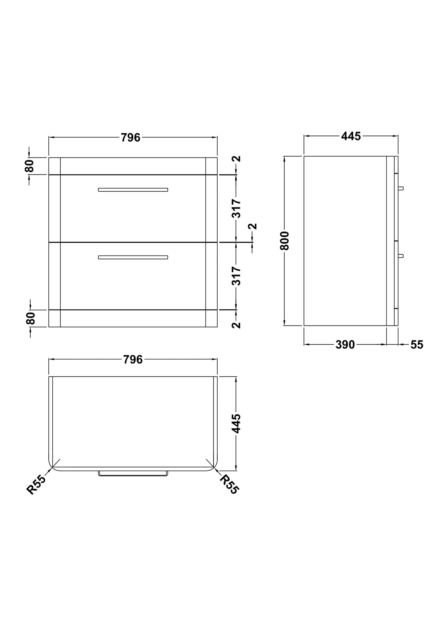 Solar Floor Standing 2 Drawer Vanity Cabinet 800mm
