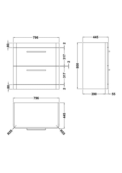 Solar Floor Standing 2 Drawer Vanity Cabinet 800mm