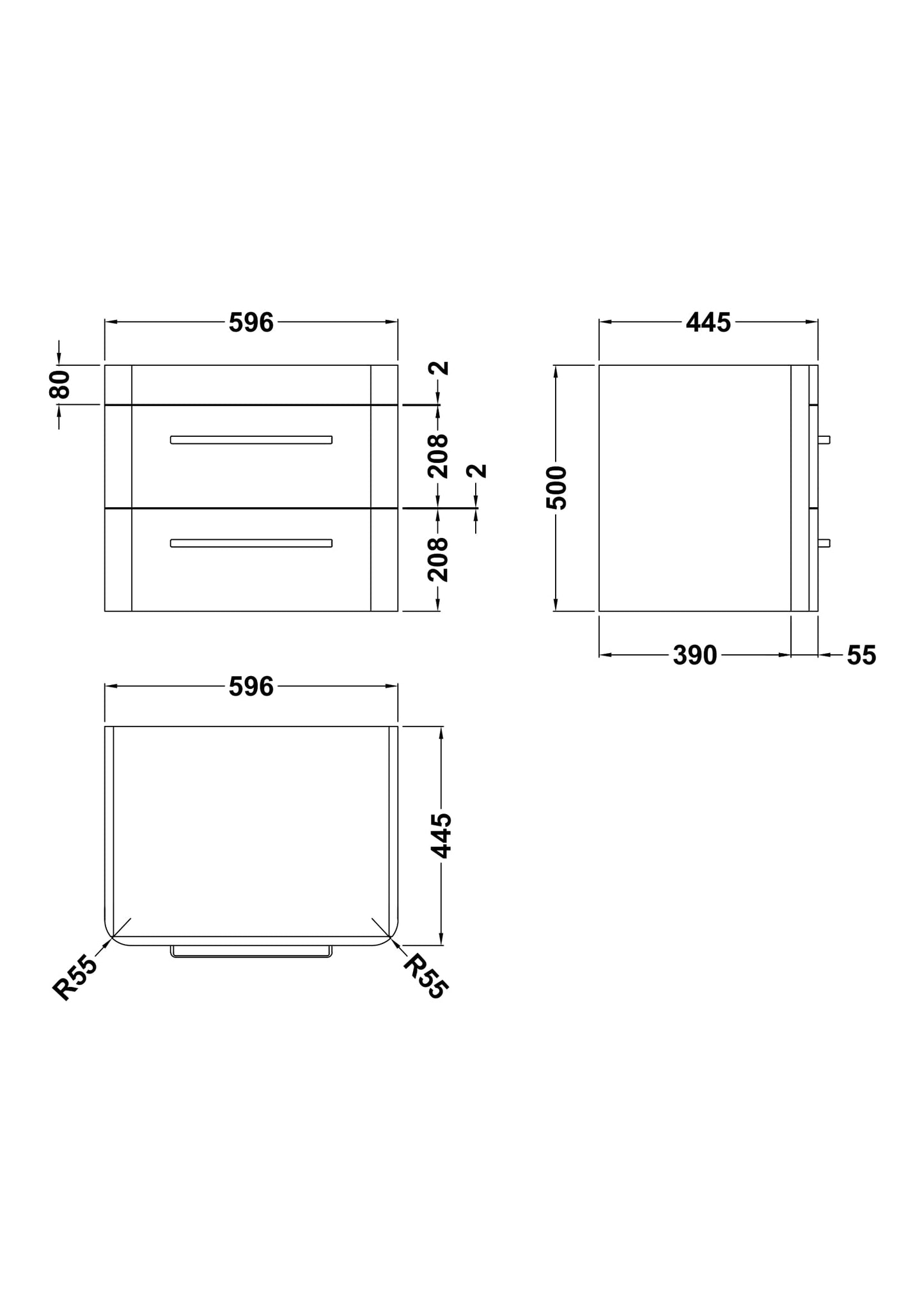 Solar Wall Hung 2 Drawer Vanity Cabinet 600mm
