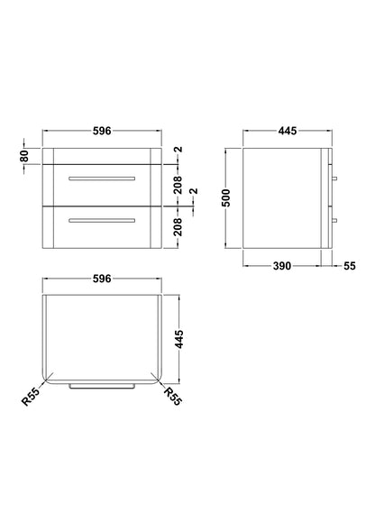 Solar Wall Hung 2 Drawer Vanity Cabinet 600mm