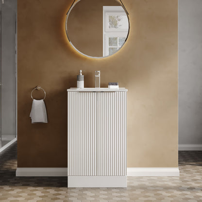 Hudson Reed Fluted 500mm Satin White Floor Standing 2-Door Vanity Unit With Ceramic Basin