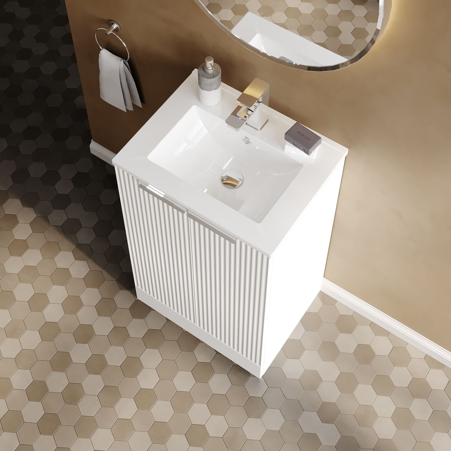 Hudson Reed Fluted 500mm Satin White Floor Standing 2-Door Vanity Unit With Ceramic Basin