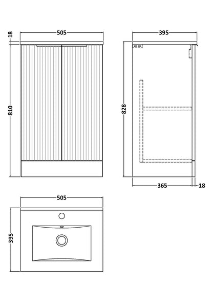 Hudson Reed Fluted 500mm Floor Standing 2-Door Vanity Unit With Basin