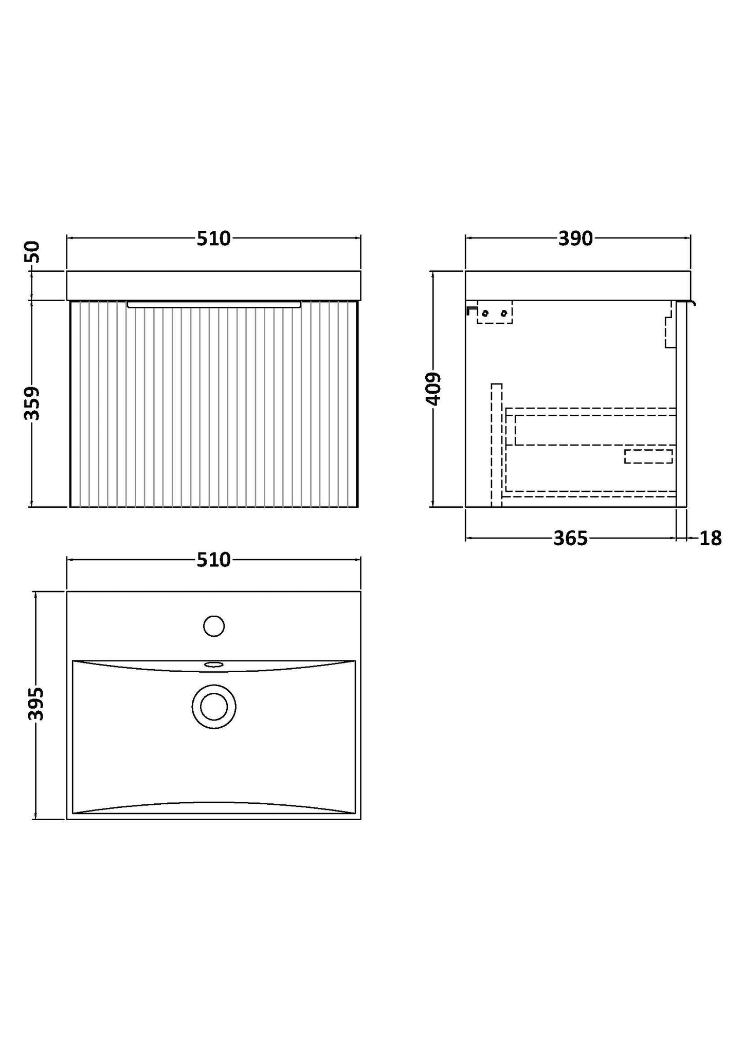 Hudson Reed Fluted 500mm Wall Hung Single Drawer Vanity Unit With Basin
