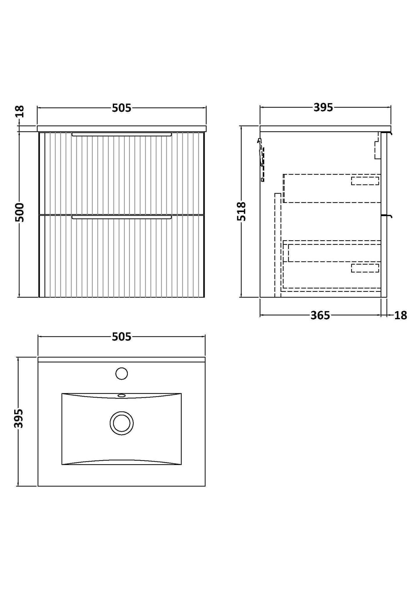 Hudson Reed Fluted 500mm Wall Hung 2-Drawer Vanity Unit With Basin