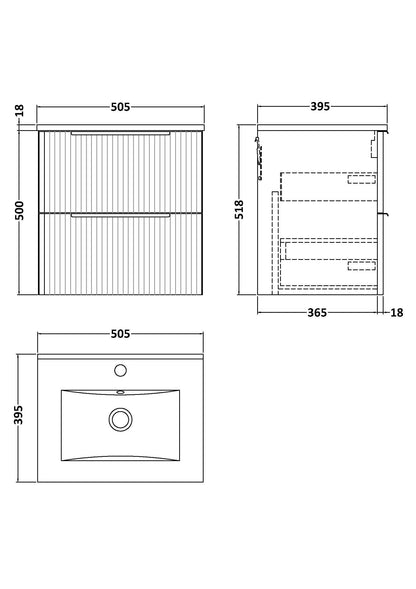 Hudson Reed Fluted 500mm Wall Hung 2-Drawer Vanity Unit With Basin