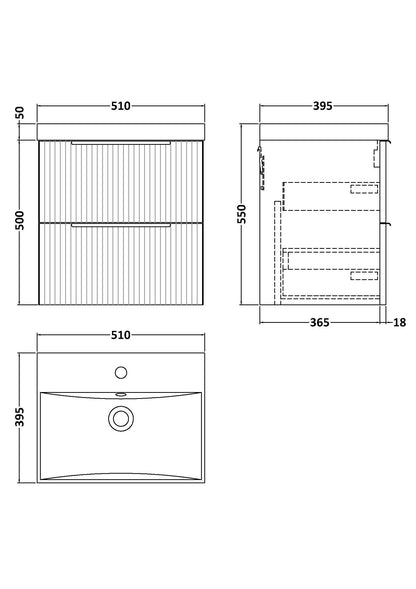 Hudson Reed Fluted 500mm Soft Black Wall Hung 2-Drawer Vanity Unit With Basin