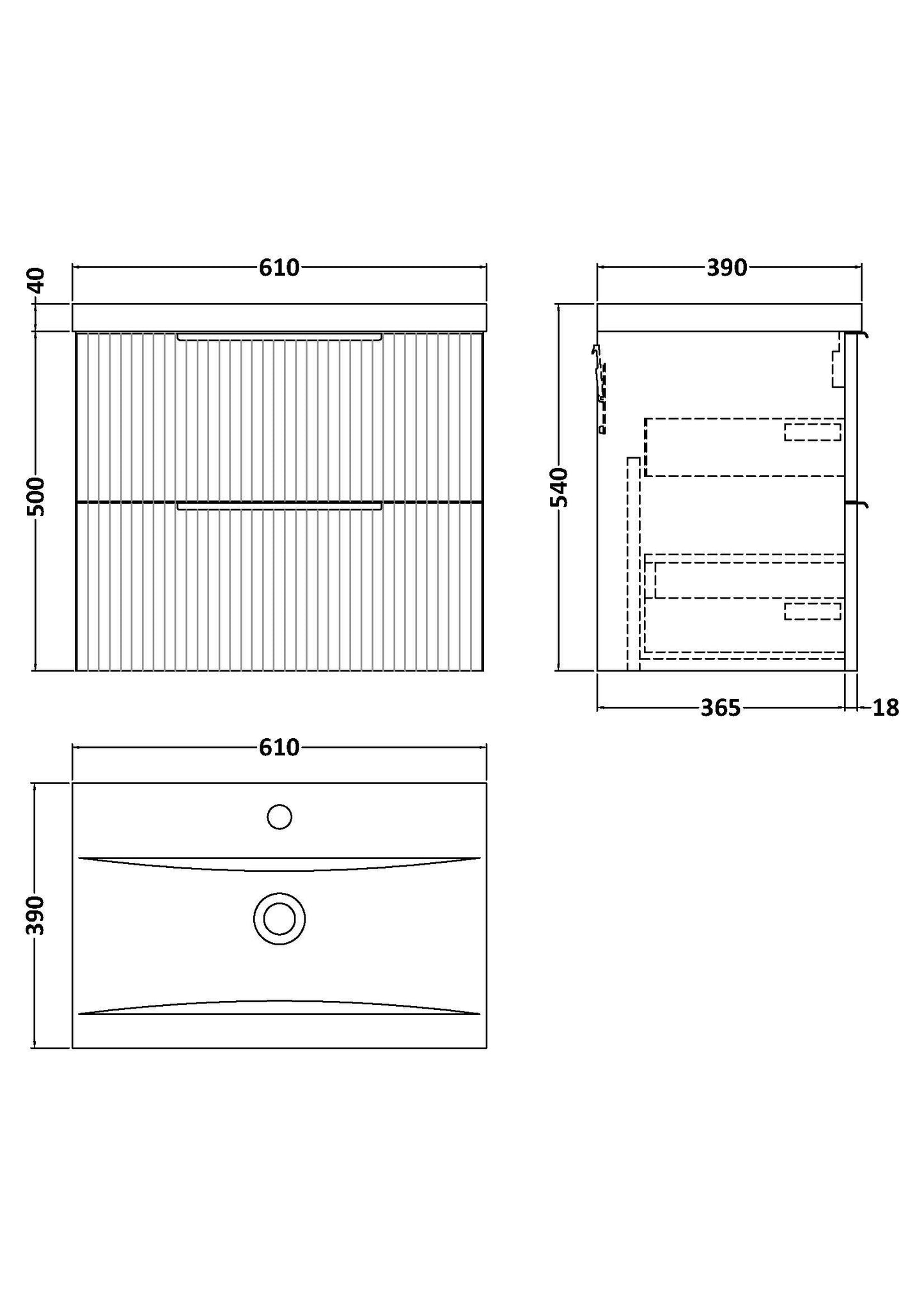 Balterley Fluted Wall Hung 2 Drawer Vanity Basin Unit with Ceramic Basin 600mm - Dark Grey