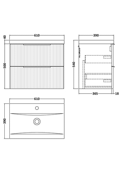 Balterley Fluted Wall Hung 2 Drawer Vanity Basin Unit with Ceramic Basin 600mm - Dark Grey