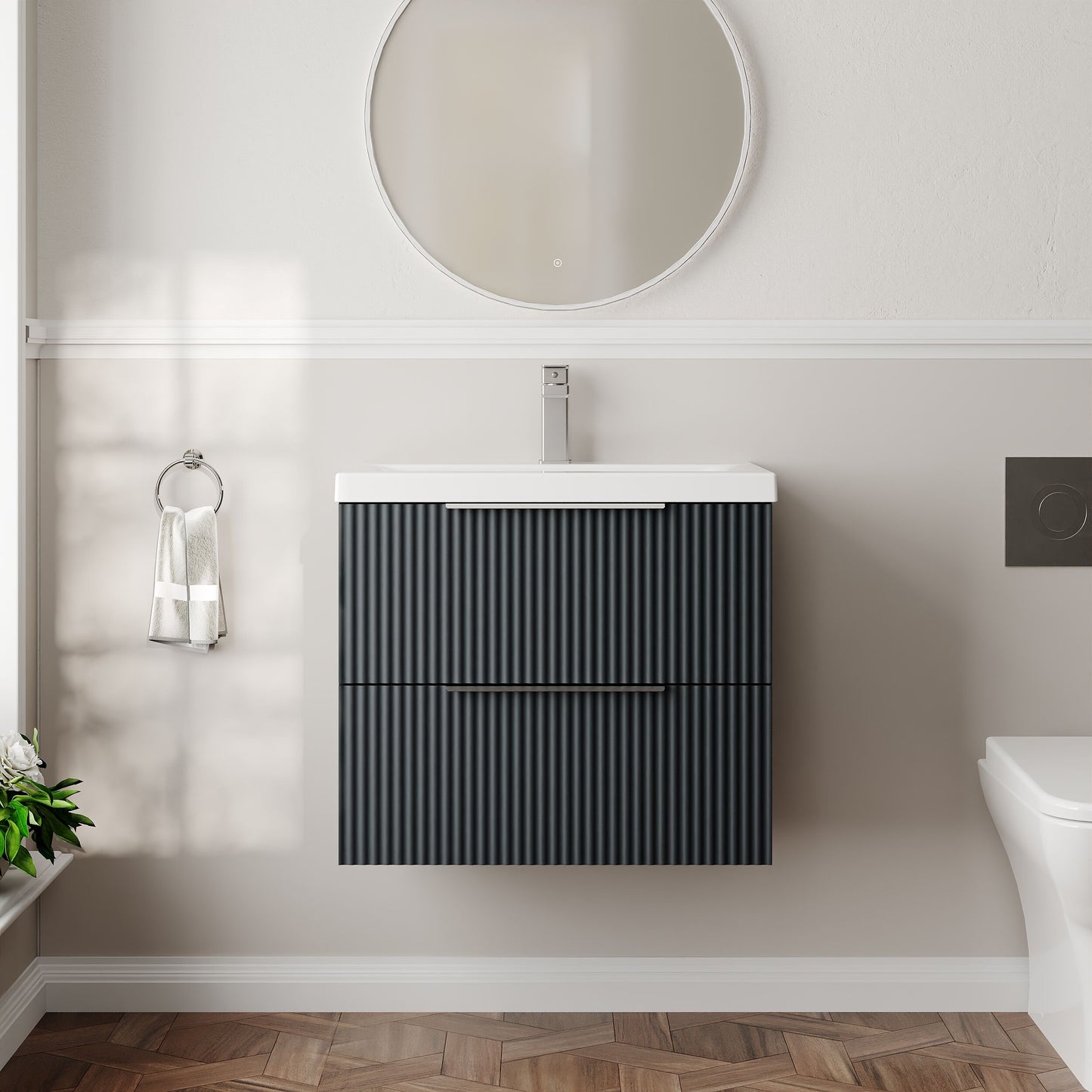 Balterley Fluted Wall Hung 2 Drawer Vanity Basin Unit with Ceramic Basin 600mm - Dark Grey