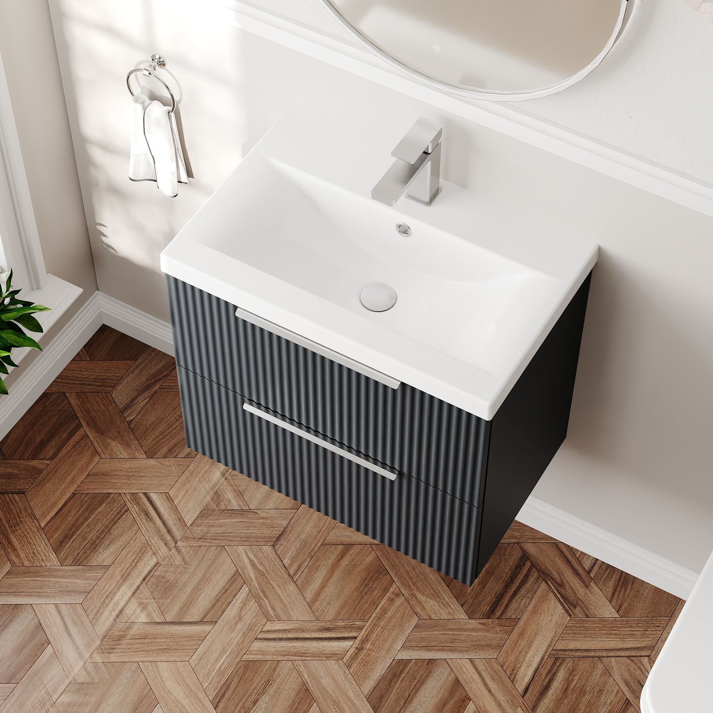 Balterley Fluted Wall Hung 2 Drawer Vanity Basin Unit with Ceramic Basin 600mm - Dark Grey