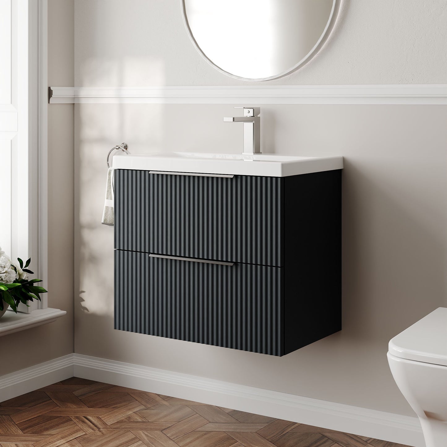 Balterley Fluted Wall Hung 2 Drawer Vanity Basin Unit with Ceramic Basin 600mm - Dark Grey