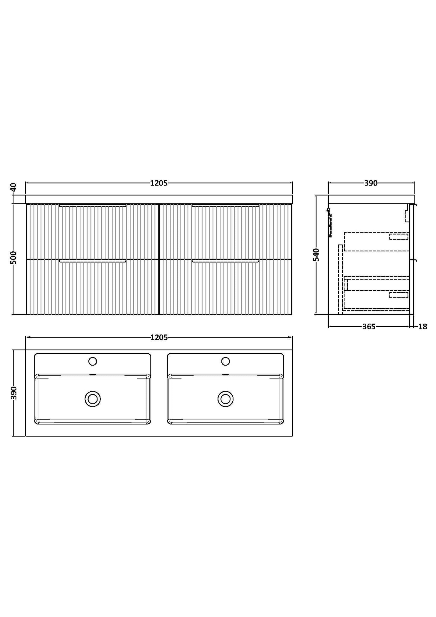 Balterley Fluted Wall Hung 4 Drawer Vanity Basin Unit with Double Polymarble Basin 1200mm - Dark Grey