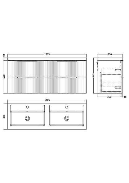 Balterley Fluted Wall Hung 4 Drawer Vanity Basin Unit with Double Polymarble Basin 1200mm - Dark Grey
