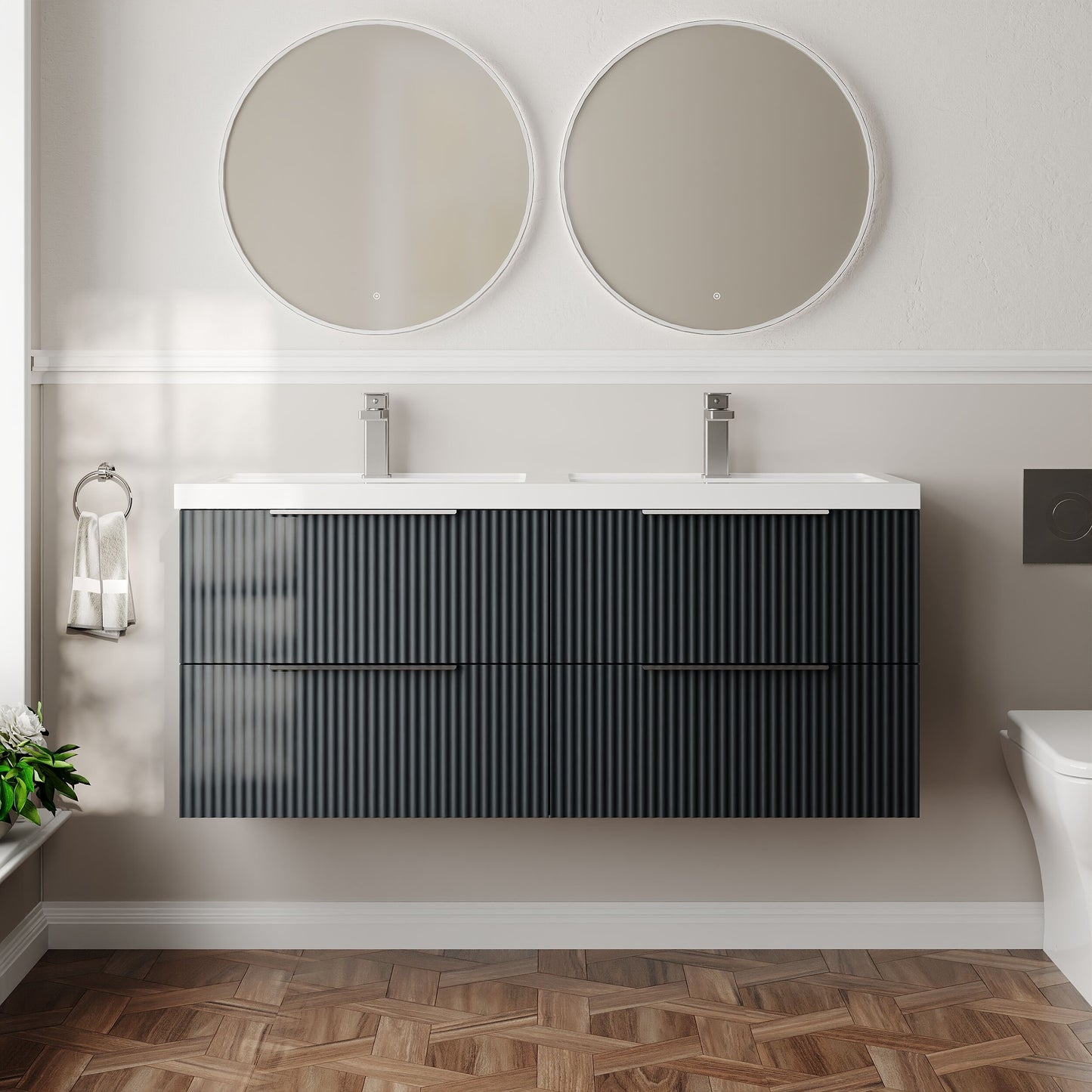 Balterley Fluted Wall Hung 4 Drawer Vanity Basin Unit with Double Polymarble Basin 1200mm - Dark Grey