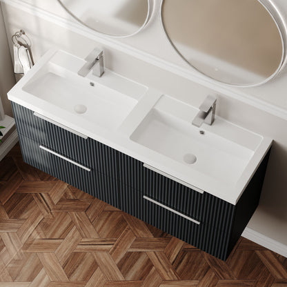 Balterley Fluted Wall Hung 4 Drawer Vanity Basin Unit with Double Polymarble Basin 1200mm - Dark Grey