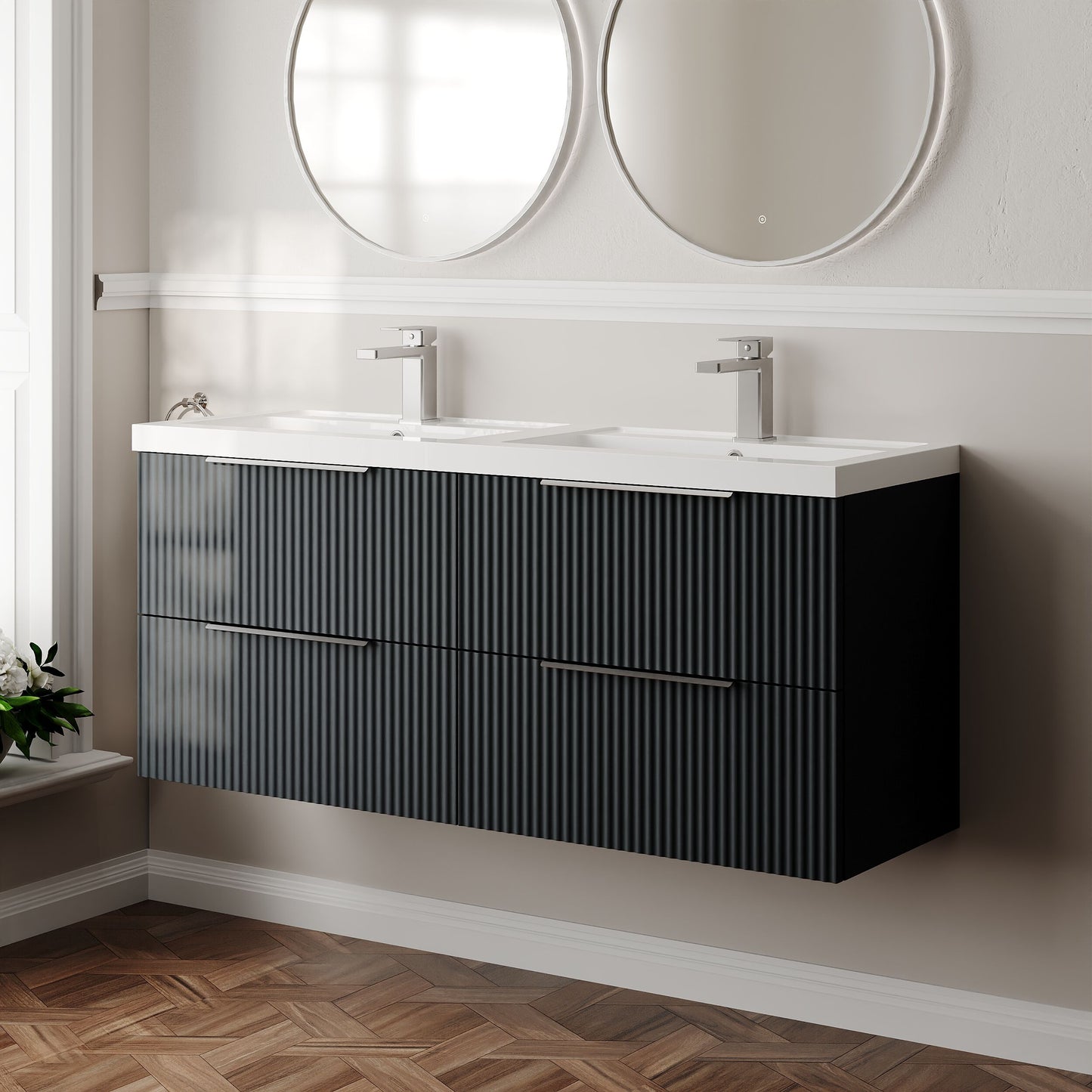 Balterley Fluted Wall Hung 4 Drawer Vanity Basin Unit with Double Polymarble Basin 1200mm - Dark Grey