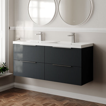 Balterley Fluted Wall Hung 4 Drawer Vanity Basin Unit with Double Polymarble Basin 1200mm - Dark Grey