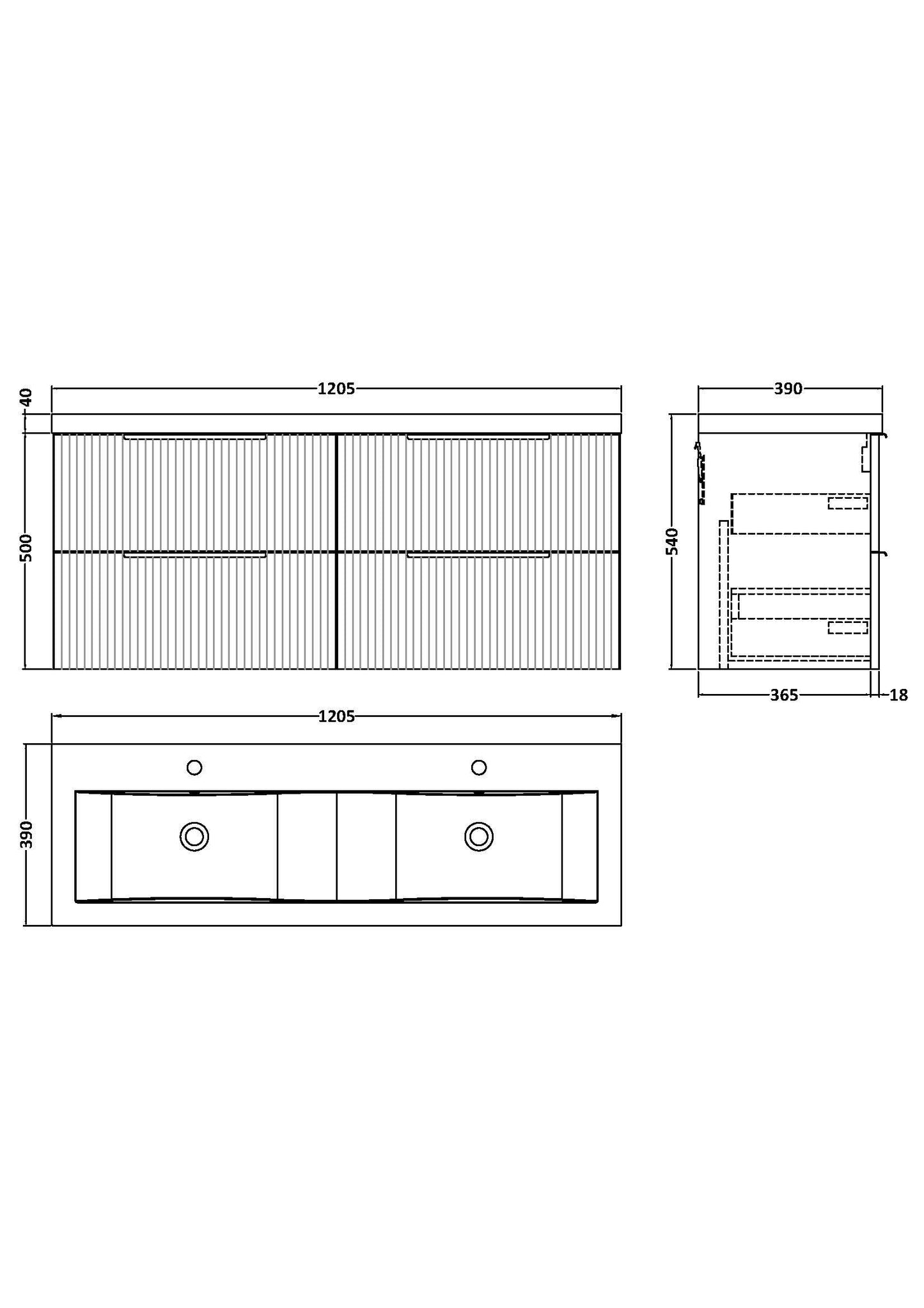 Hudson Reed Fluted 1200mm Soft Black Wall Hung 4-Drawer Double Basin Vanity Unit With Ceramic Basin