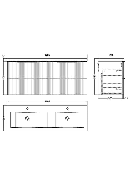 Hudson Reed Fluted 1200mm Soft Black Wall Hung 4-Drawer Double Basin Vanity Unit With Ceramic Basin