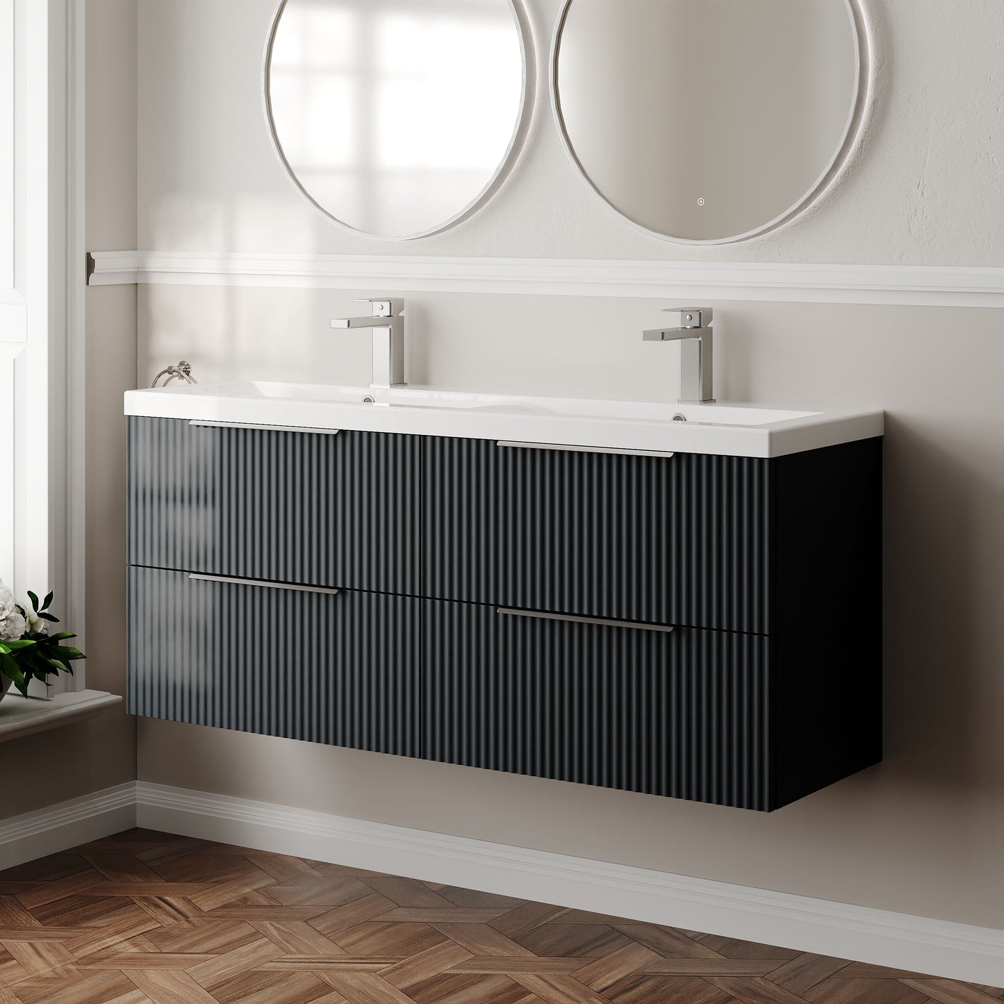 Hudson Reed Fluted 1200mm Soft Black Wall Hung 4-Drawer Double Basin Vanity Unit With Ceramic Basin
