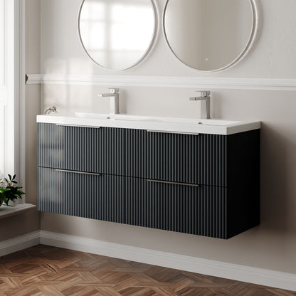 Hudson Reed Fluted 1200mm Soft Black Wall Hung 4-Drawer Double Basin Vanity Unit With Ceramic Basin
