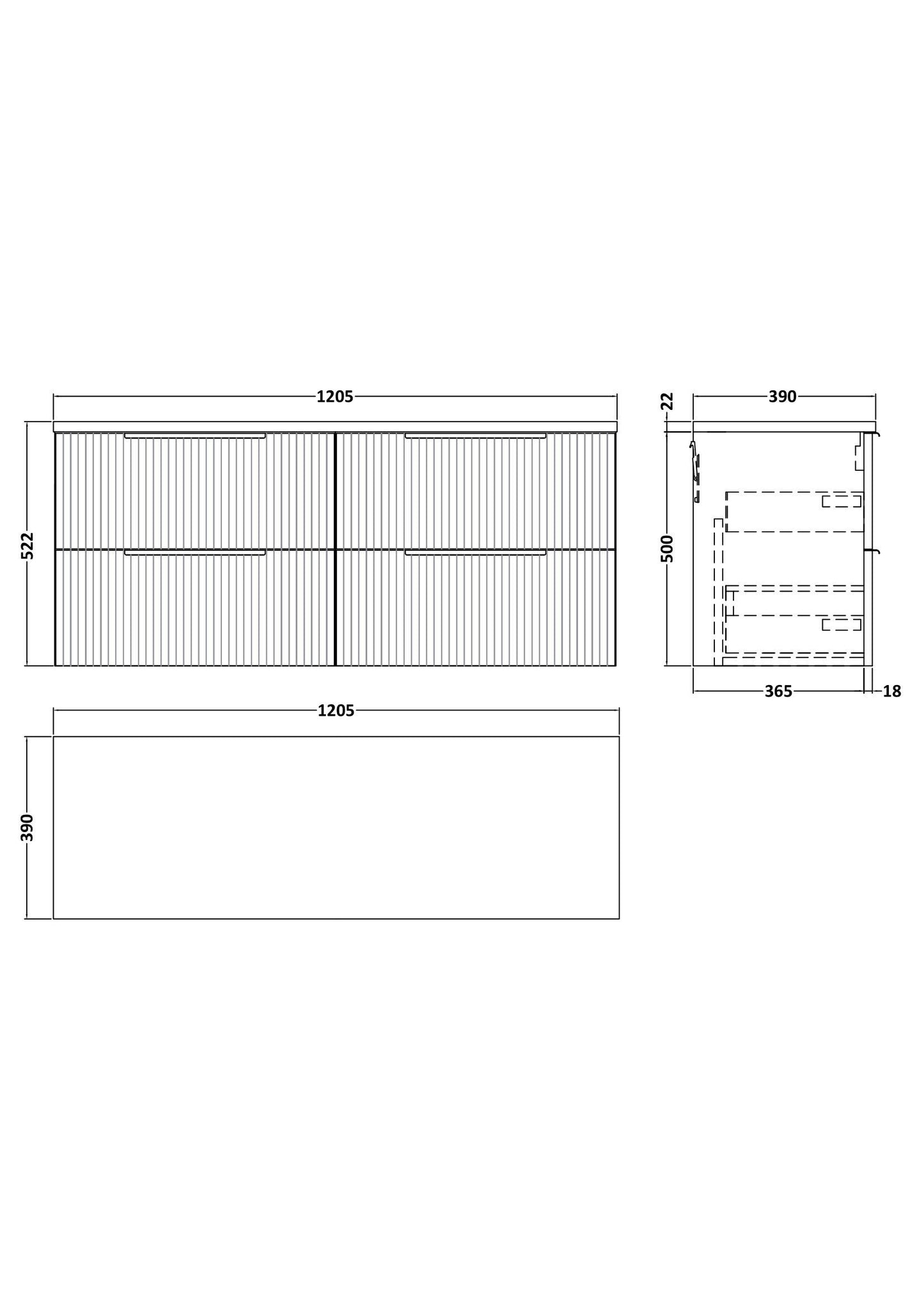 Hudson Reed Fluted 1200mm Wall Hung 4-Drawer Vanity Unit With Laminate Worktop