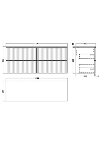 Hudson Reed Fluted 1200mm Soft Black Wall Hung 4-Drawer Vanity Unit With Laminate Worktop