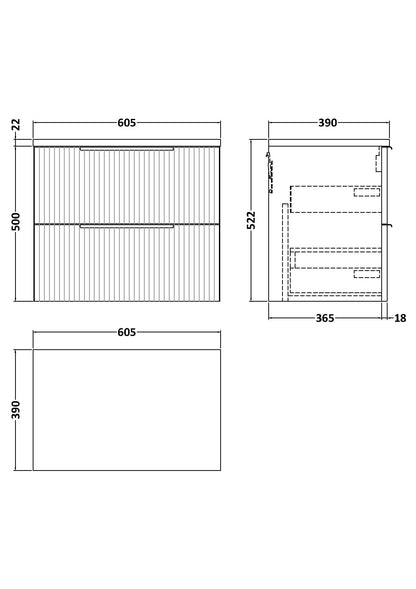 Hudson Reed Fluted 600mm Wall Hung 2-Drawer Vanity Unit With Laminate Worktop