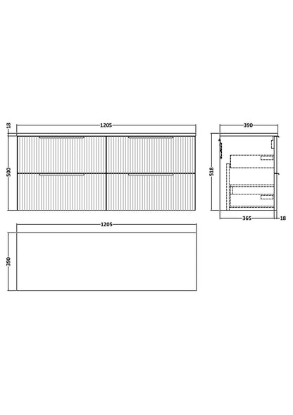 Hudson Reed Fluted 1200mm Soft Black Wall Hung 4-Drawer Vanity Unit With Worktop Basin