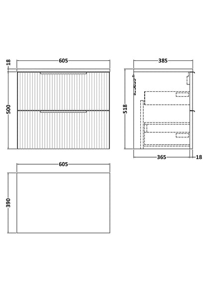 Hudson Reed Fluted 600mm Wall Hung 2-Drawer Vanity Unit With Worktop