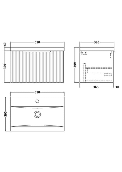 Balterley Fluted Wall Hung 1 Drawer Vanity Basin Unit with Ceramic Basin 600mm - Dark Grey