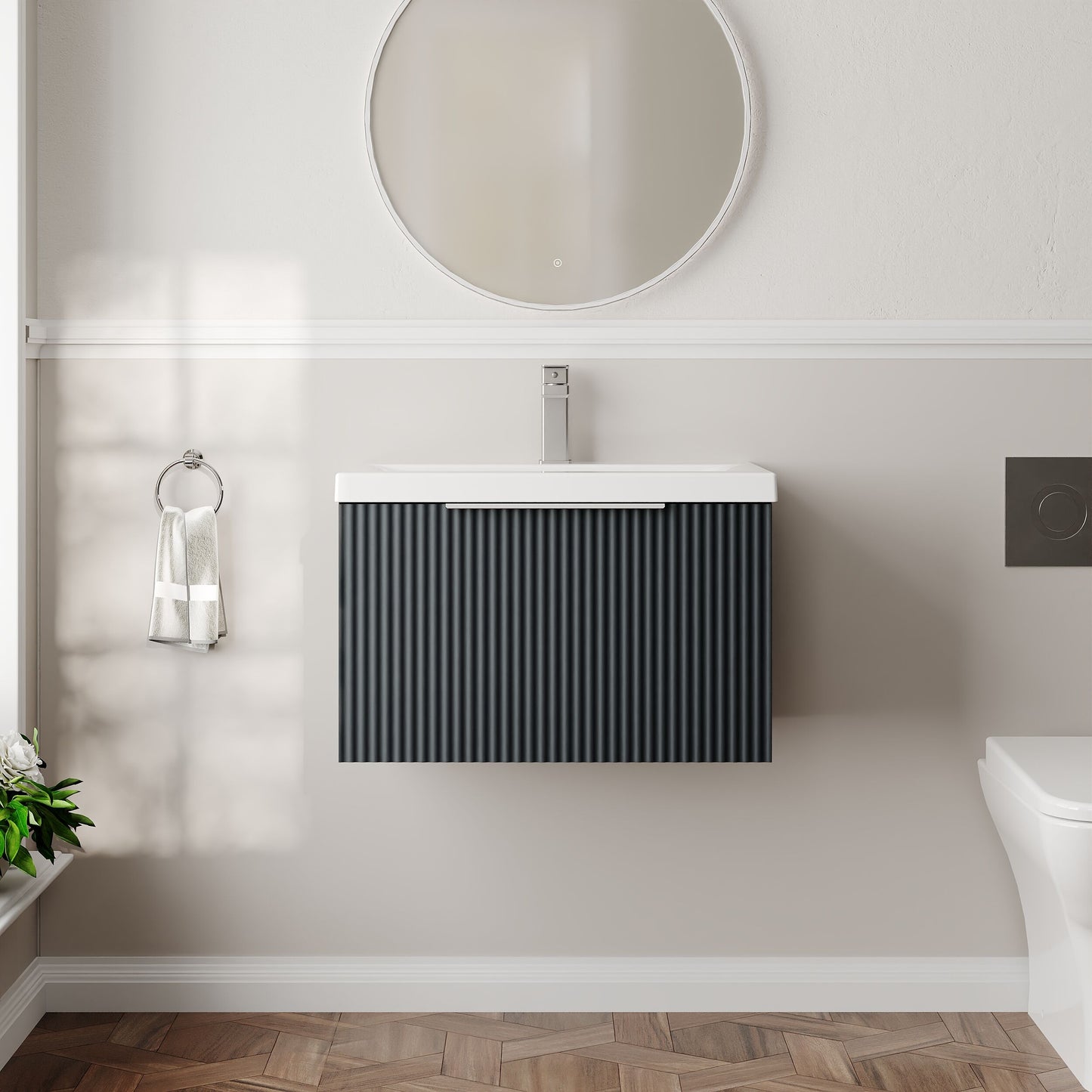 Balterley Fluted Wall Hung 1 Drawer Vanity Basin Unit with Ceramic Basin 600mm - Dark Grey