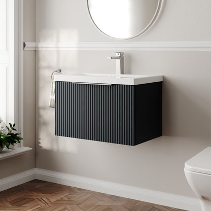Balterley Fluted Wall Hung 1 Drawer Vanity Basin Unit with Ceramic Basin 600mm - Dark Grey