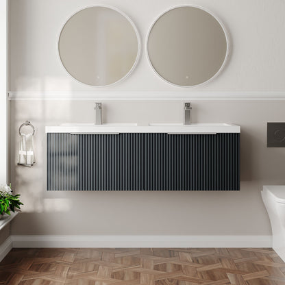 Balterley Fluted Wall Hung 2 Drawer Vanity Basin Unit with Double Polymarble Basin 1200mm - Dark Grey