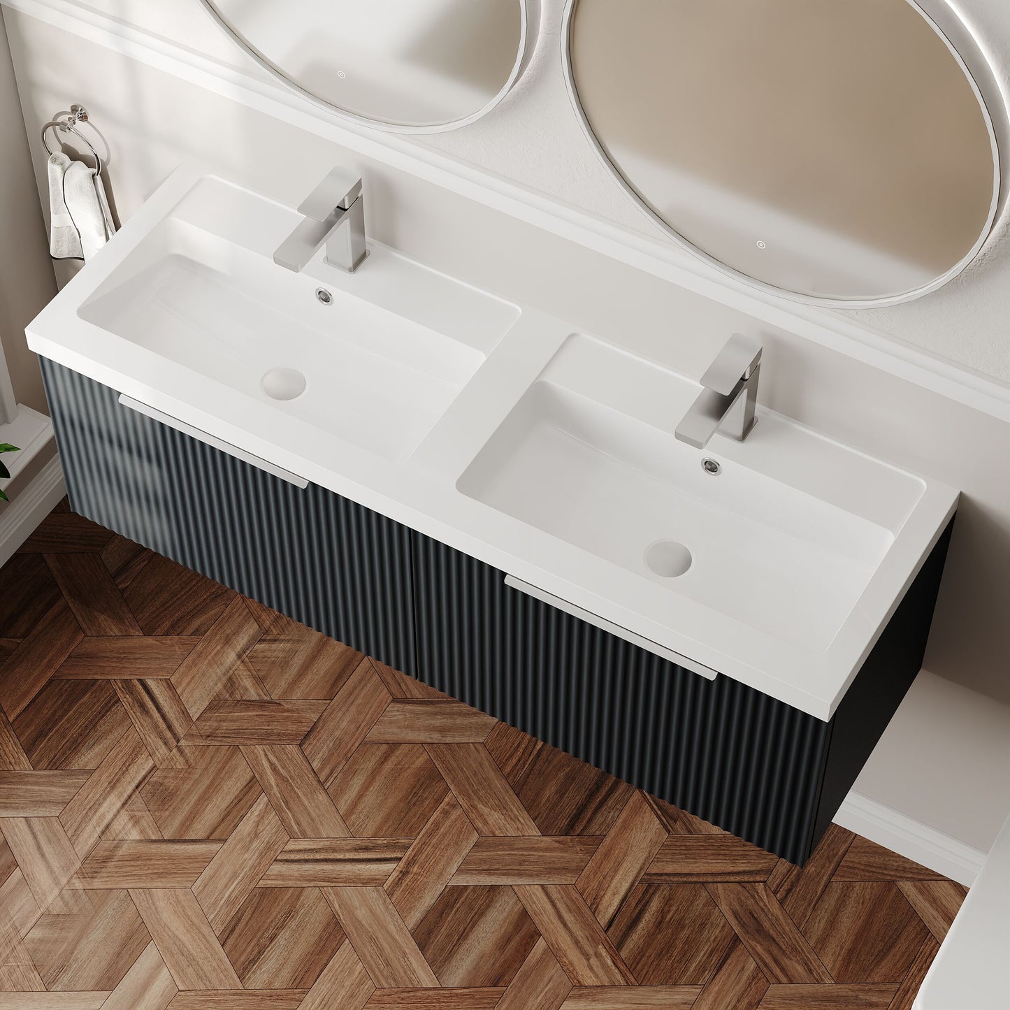 Balterley Fluted Wall Hung 2 Drawer Vanity Basin Unit with Double Polymarble Basin 1200mm - Dark Grey