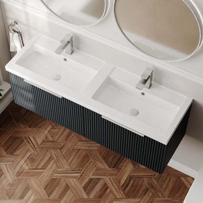 Balterley Fluted Wall Hung 2 Drawer Vanity Basin Unit with Double Polymarble Basin 1200mm - Dark Grey