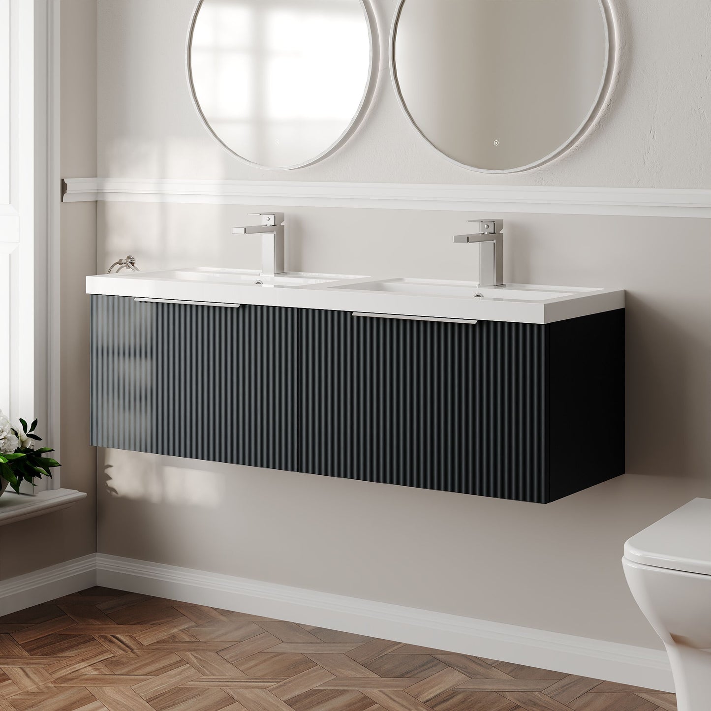 Balterley Fluted Wall Hung 2 Drawer Vanity Basin Unit with Double Polymarble Basin 1200mm - Dark Grey