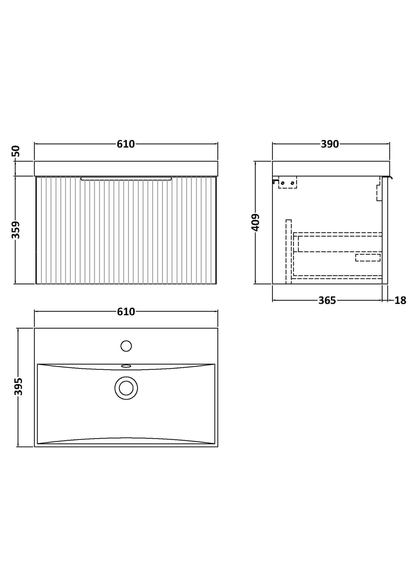 Hudson Reed Fluted 600mm Soft Black Wall Hung Single Drawer Vanity Unit With Basin