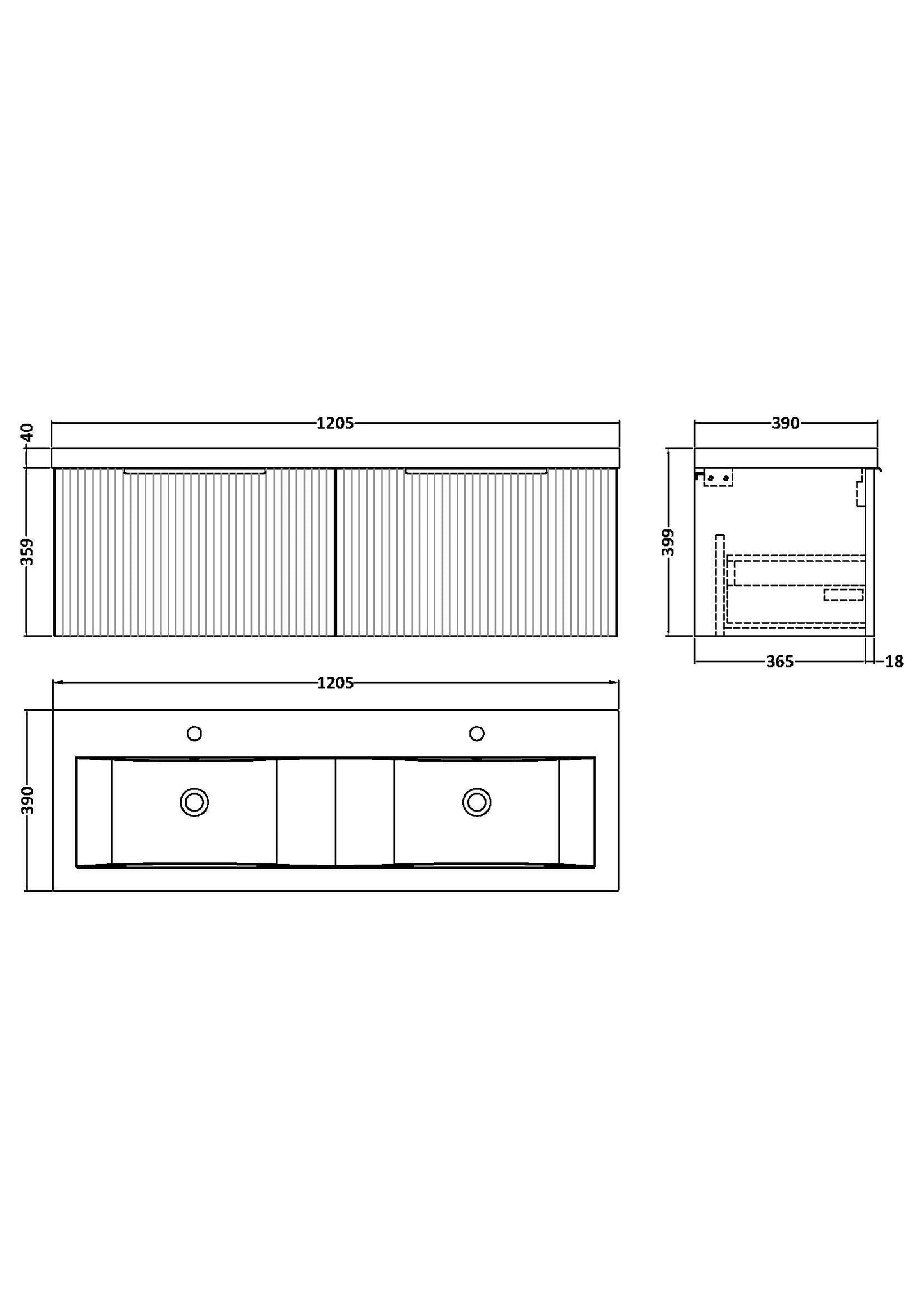 Hudson Reed Fluted 1200mm Wall Hung Soft Black 2-Drawer Vanity Unit with Double Basin