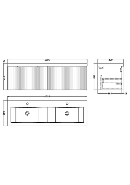 Hudson Reed Fluted 1200mm Wall Hung Soft Black 2-Drawer Vanity Unit with Double Basin